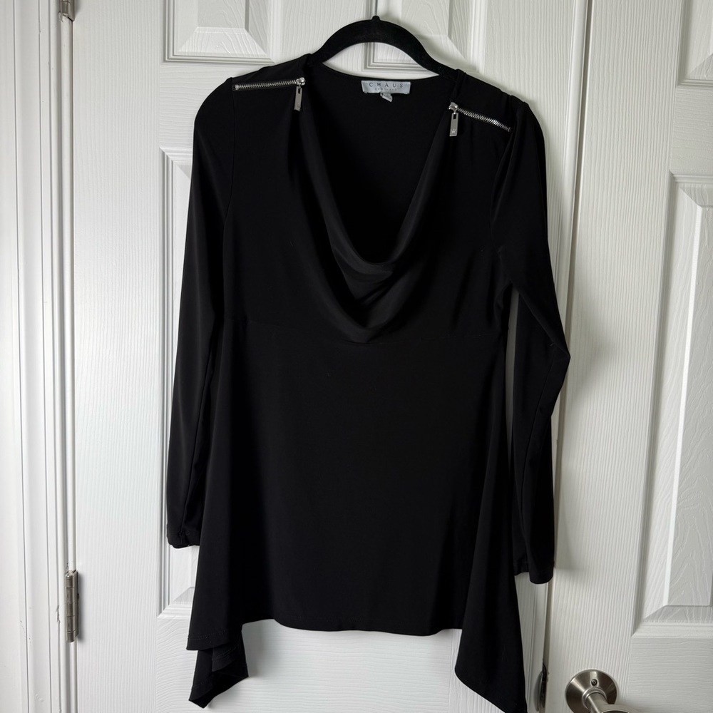 Chaus NY Black Cowl Neck Long Sleeve Blouse zipper Shoulders Women’s Small EUC